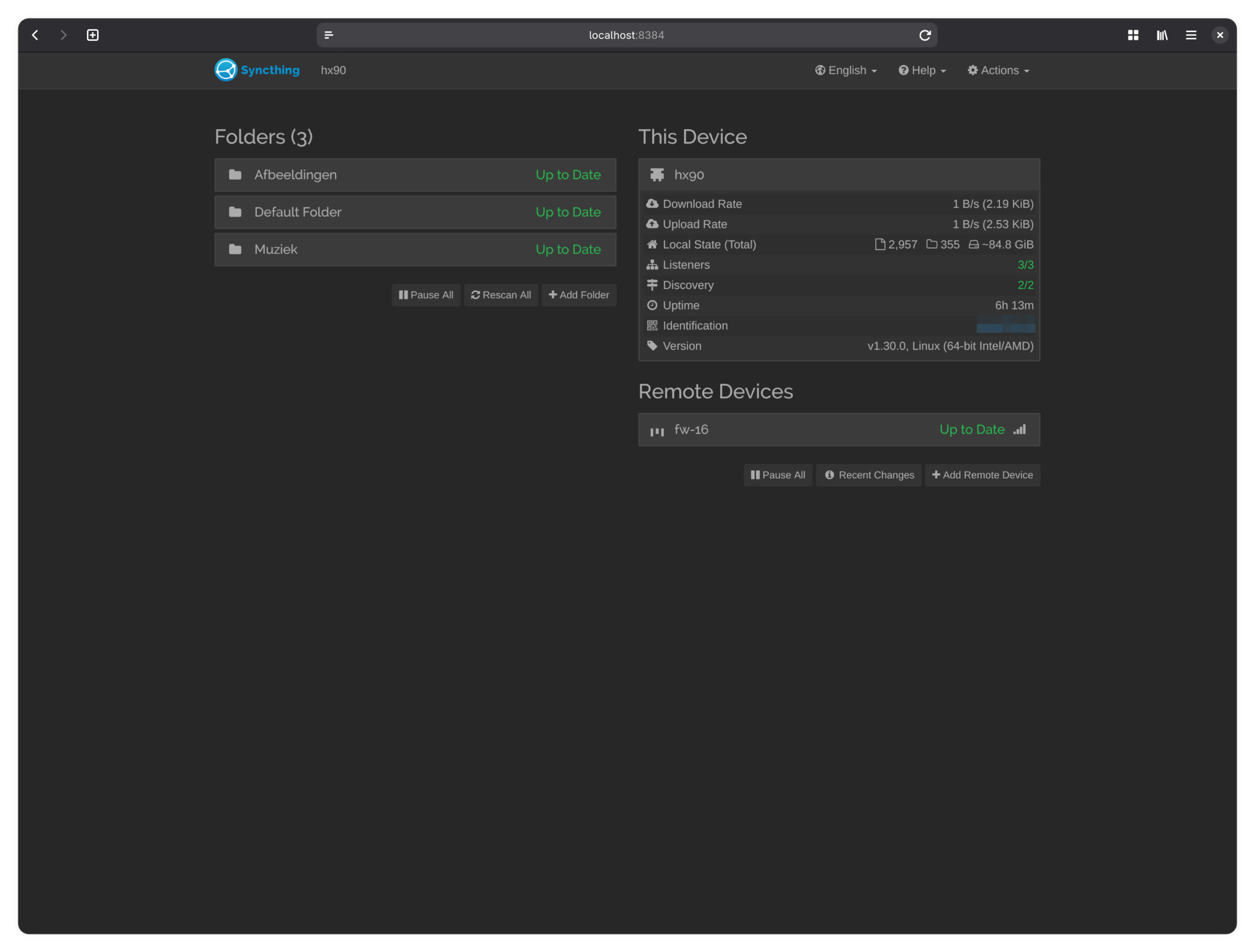 De web UI van Syncthing