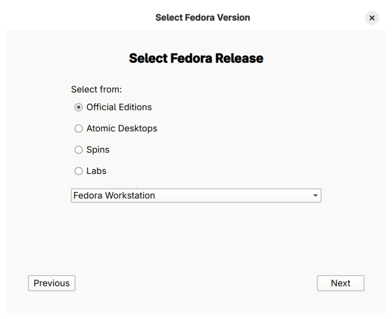 Linux (Fedora) versie selecteren